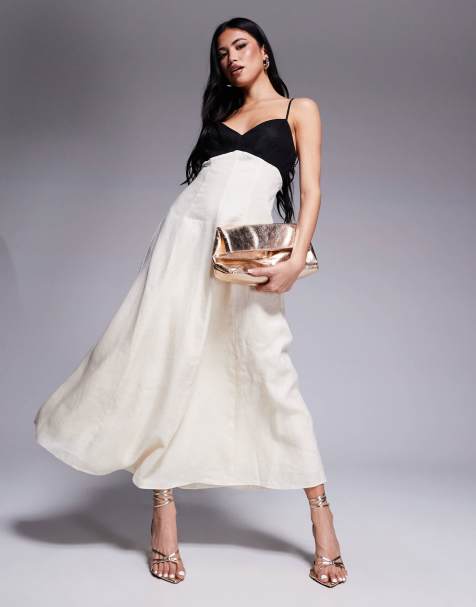 Ever New contrast linen midaxi dress in black and cream - view 1
