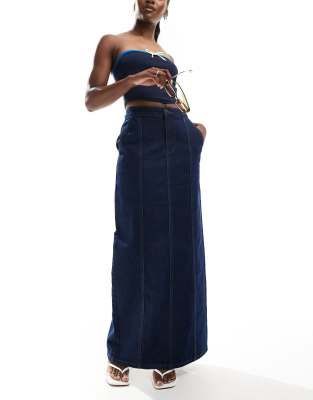 contrast stitch denim maxi skirt in dark wash-Blue