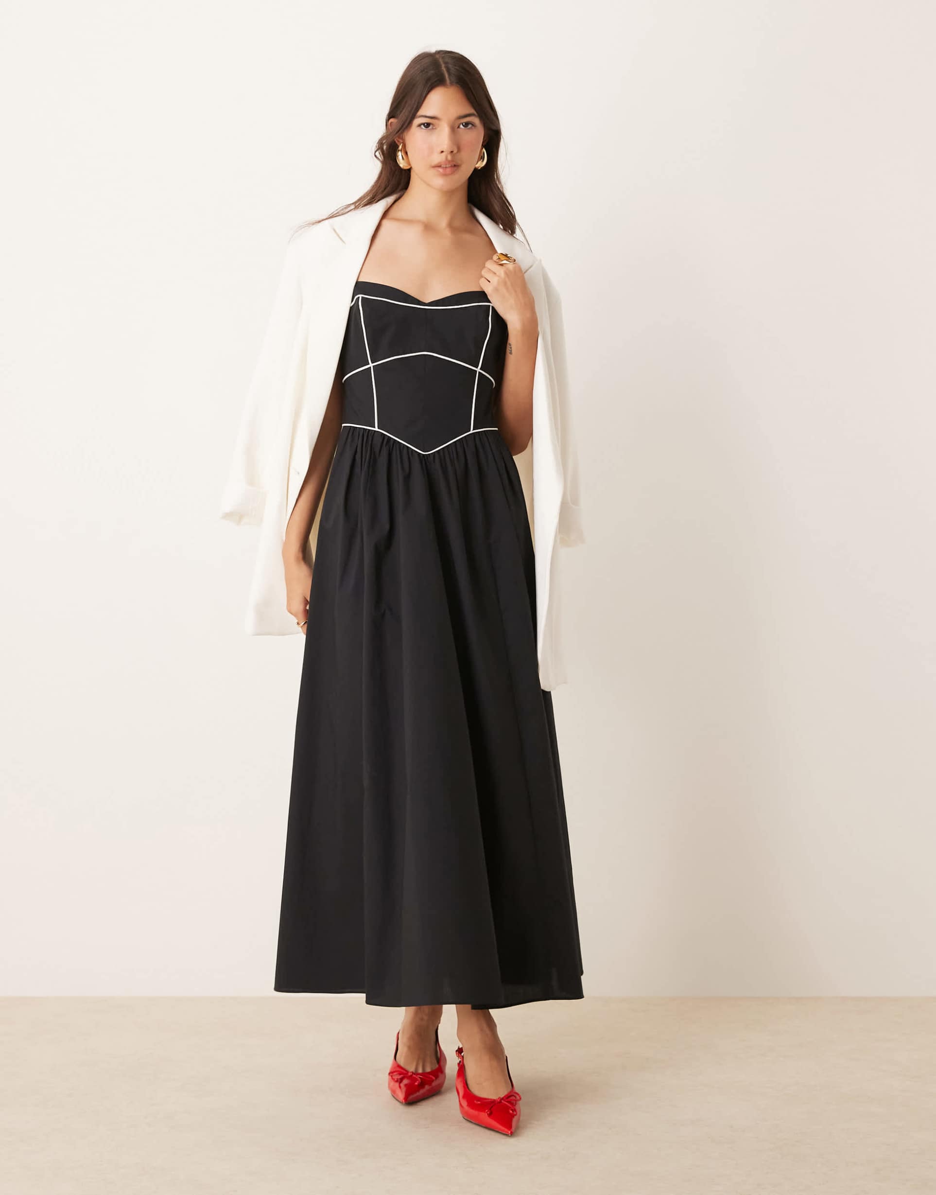 ever new contrast stitch drop hem maxi dress in black
