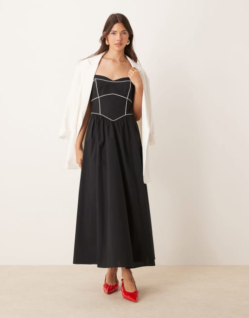 Ever New contrast stitch drop hem maxi dress in Black