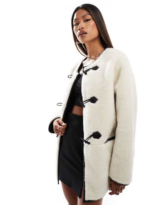 Ever New contrast toggle teddy coat in cream | ASOS
