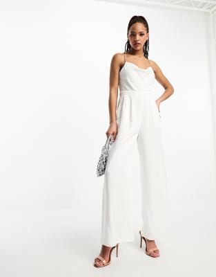 cowl neck satin jumpsuit in white