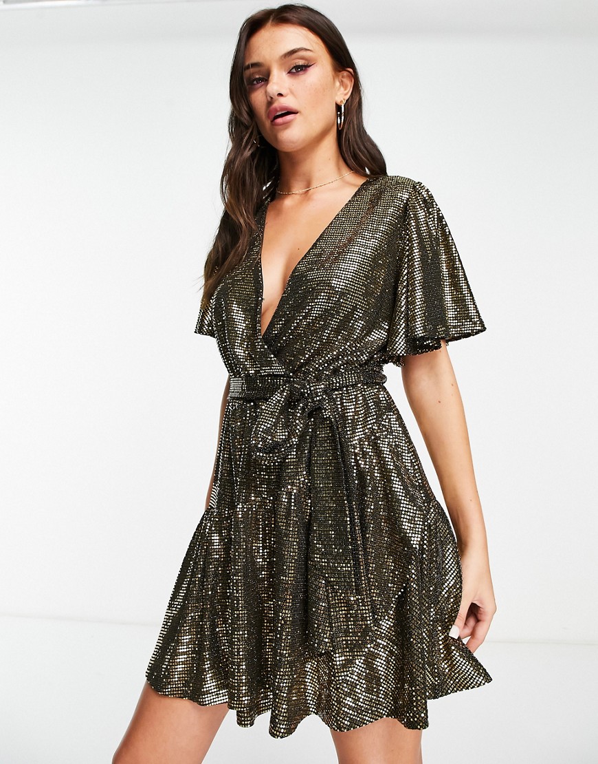 Forever New Ever New Cross Front Sequin Mini Dress In Gold
