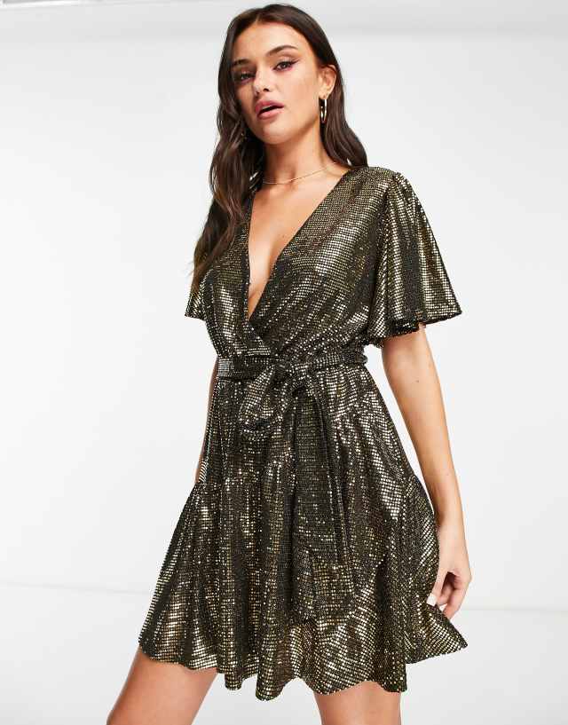 Ever New cross front sequin mini dress in gold