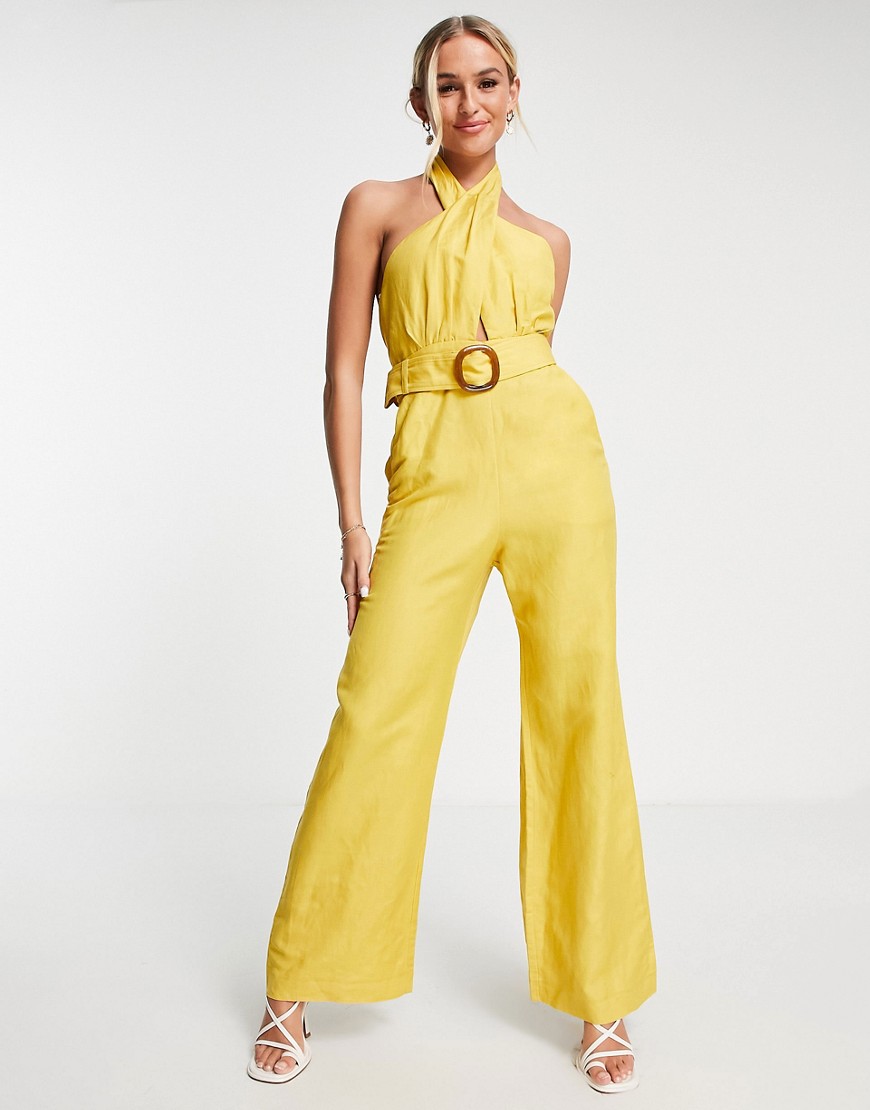 Ever New Cross Neck Belted Jumpsuit In Ochre-yellow