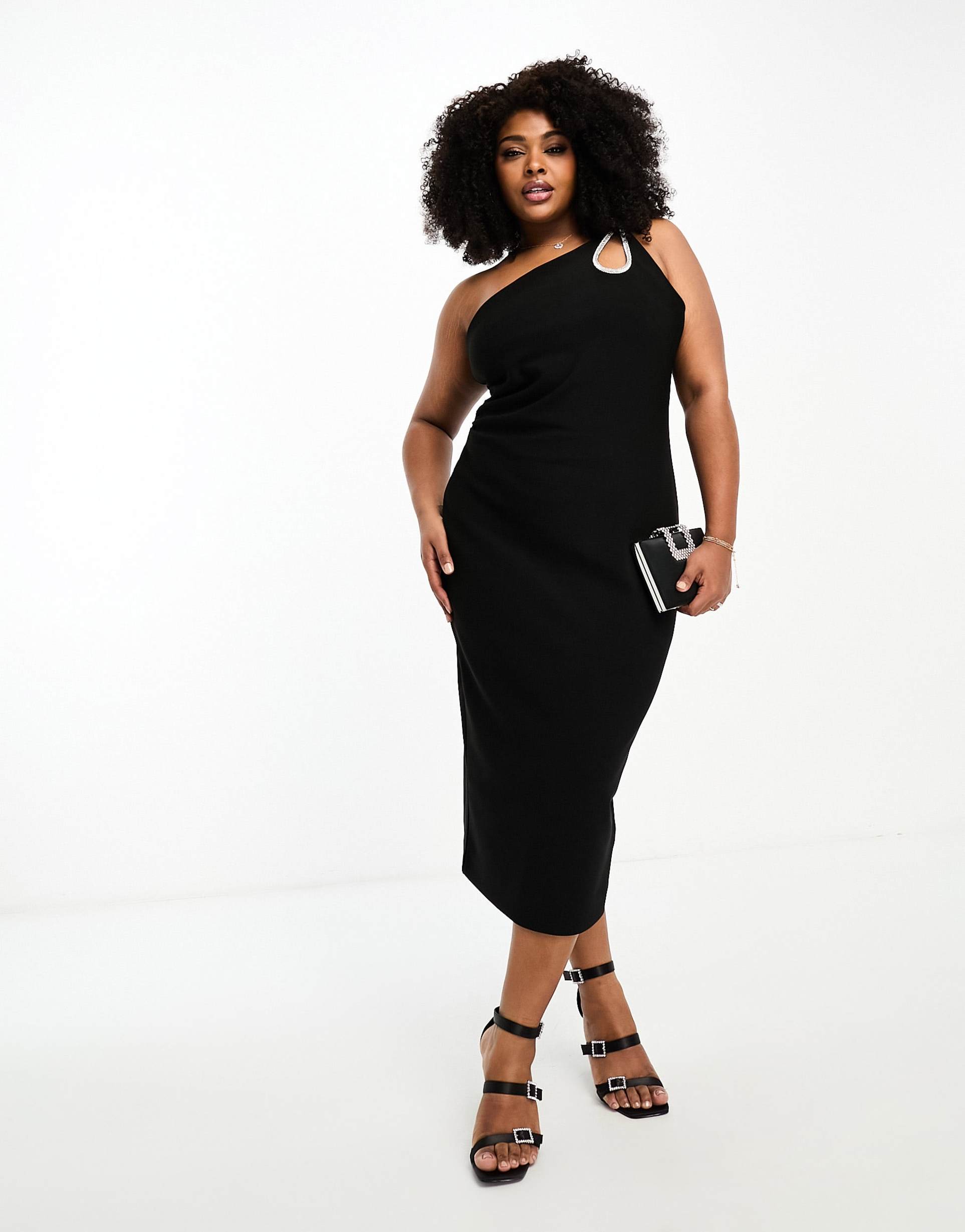 ever new curve asymmetrical diamante teardop midi dress in black