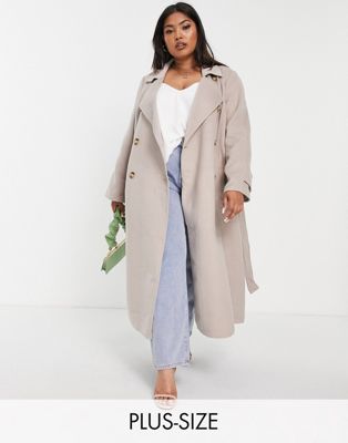 Forever New Curve belted trench coat with tortoise shell buttons in stone - ASOS Price Checker