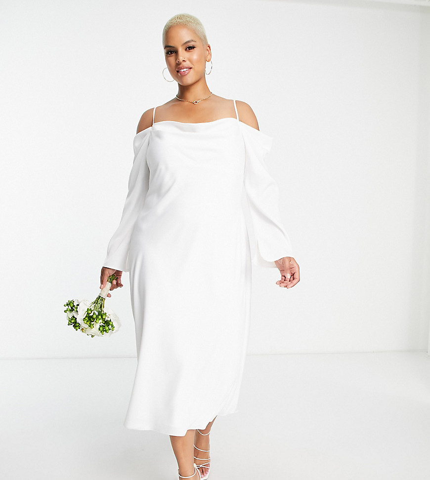 Ever New Curve Bridal cold shoulder cowl maxi dress with thigh slit in ivory-White