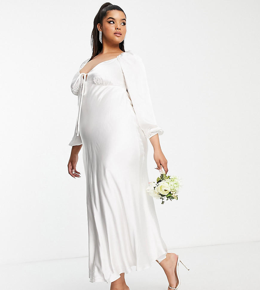 Forever New Curve Ever New Curve Bridal Open Back High Low Midi Dress With Heart Clasp In Ivory-white