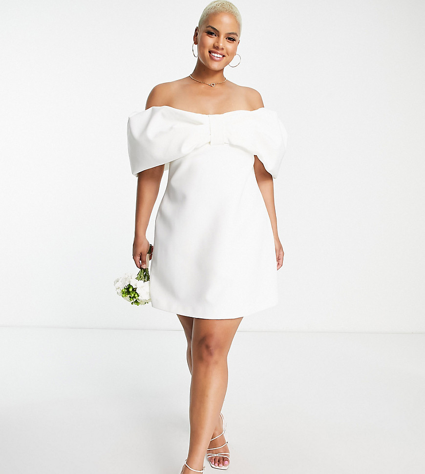 Ever New Curve Bridal fallen shoulder bow mini dress in ivory-White