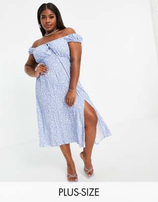 Ever New Curve Button-up Square Neck 90s Midi Dress With Slit In Blue Ditsy Floral