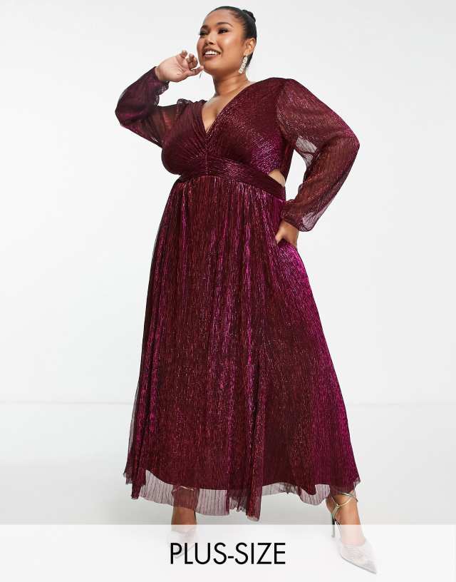 Ever New Curve cut-out pleated metallic midaxi dress in berry plum