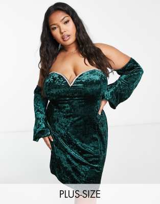 Ever New Curve Diamante Crushed Velvet Mini Dress In Emerald Green