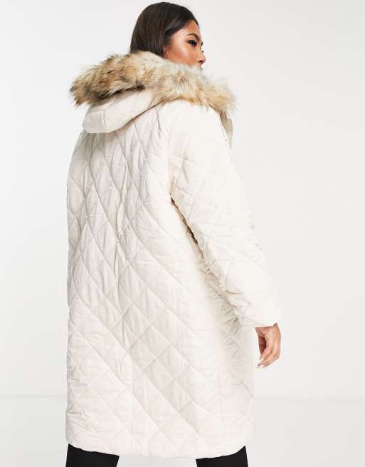 Ever New Curve diamond quilted puffer coat with faux fur hood trim in cream