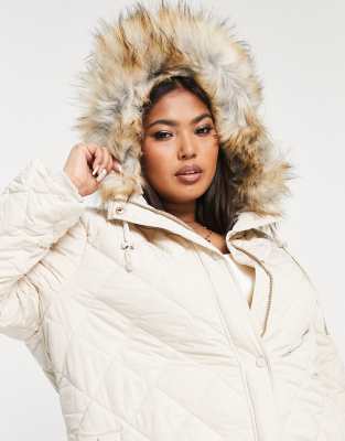 Ever New Curve diamond quilted puffer coat with faux fur hood trim in cream