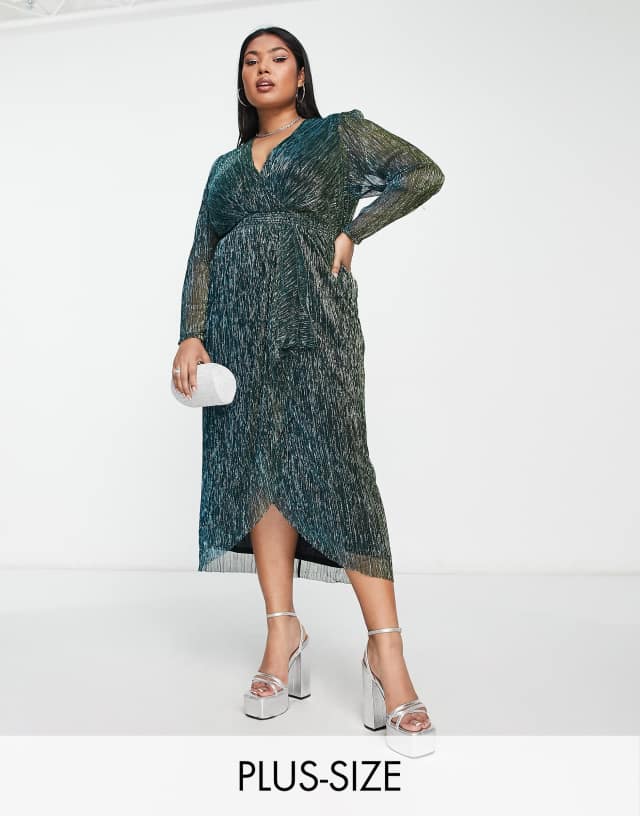 Ever New Curve drape front metallic midi dress in emerald