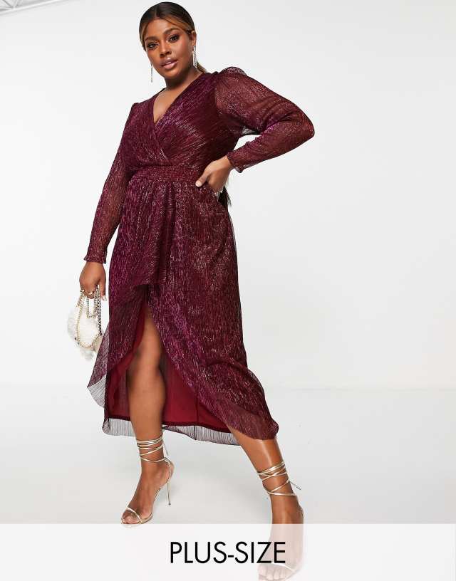 Ever New Curve drape front metallic midi dress in plum