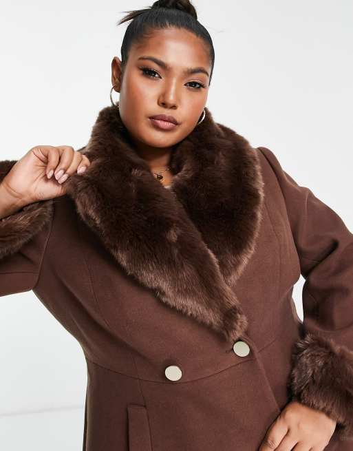 Ever New Curve faux fur collar coat with cuffs in chocolate