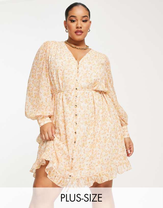 Ever New Curve flippy hem mini tea dress in peach ditsy floral