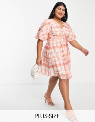 Ever New Curve flippy hem plaid mini tea dress in peach-Orange