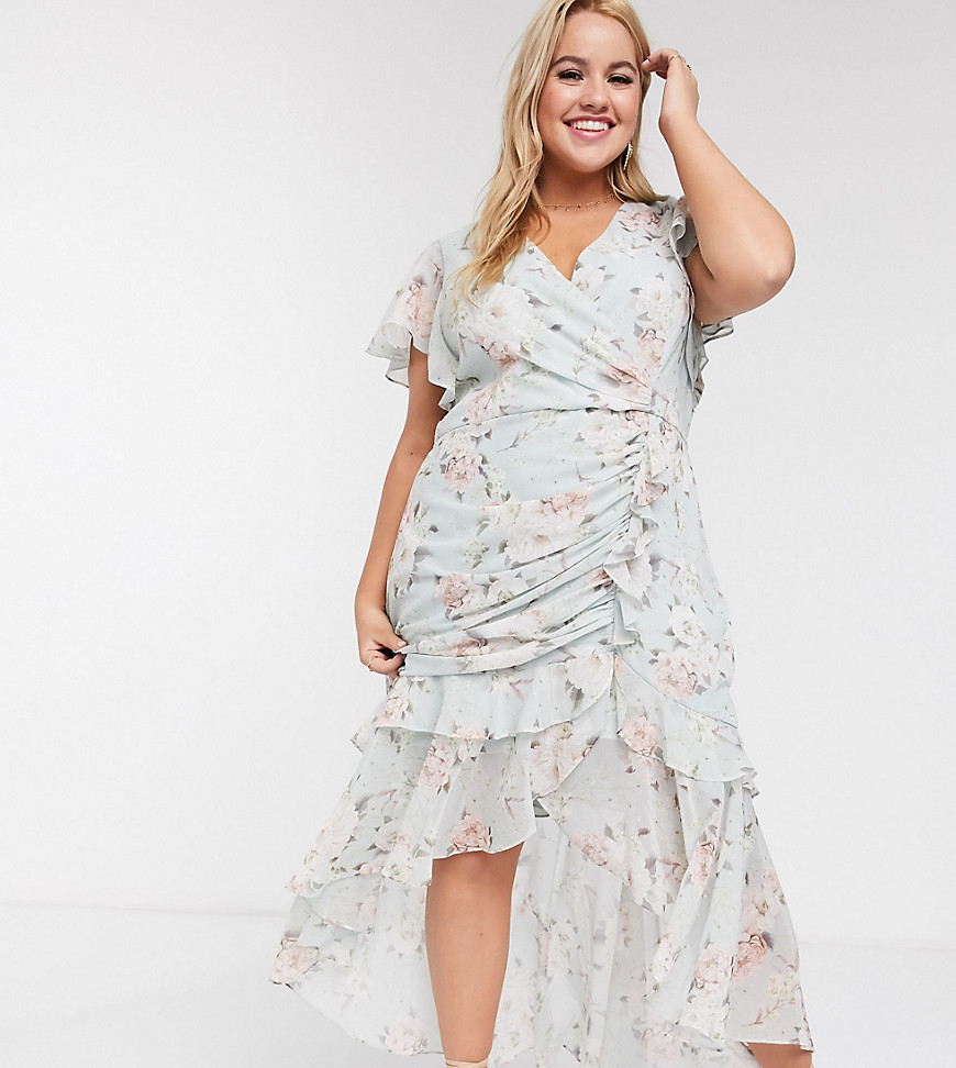 Ever New Curve High Low Ruched Midi Dress In Soft Mint Floral-green