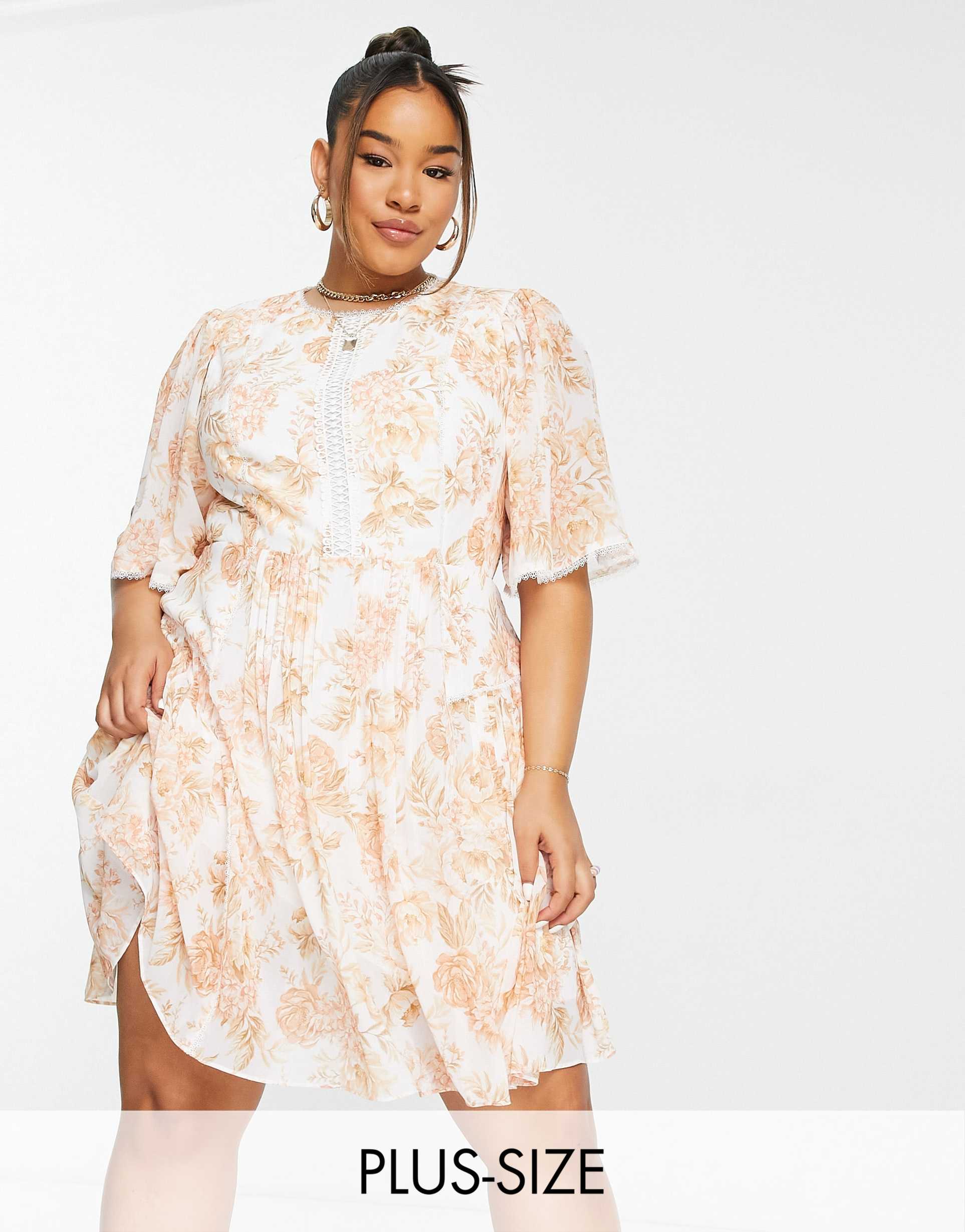 ever new curve high neck lace mini dress in apricot floral