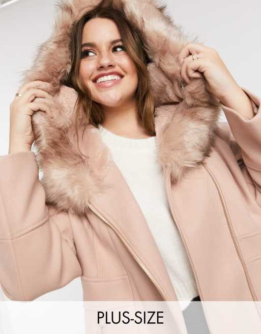 Ever New Curve hooded faux-fur coat in oatmeal | ASOS