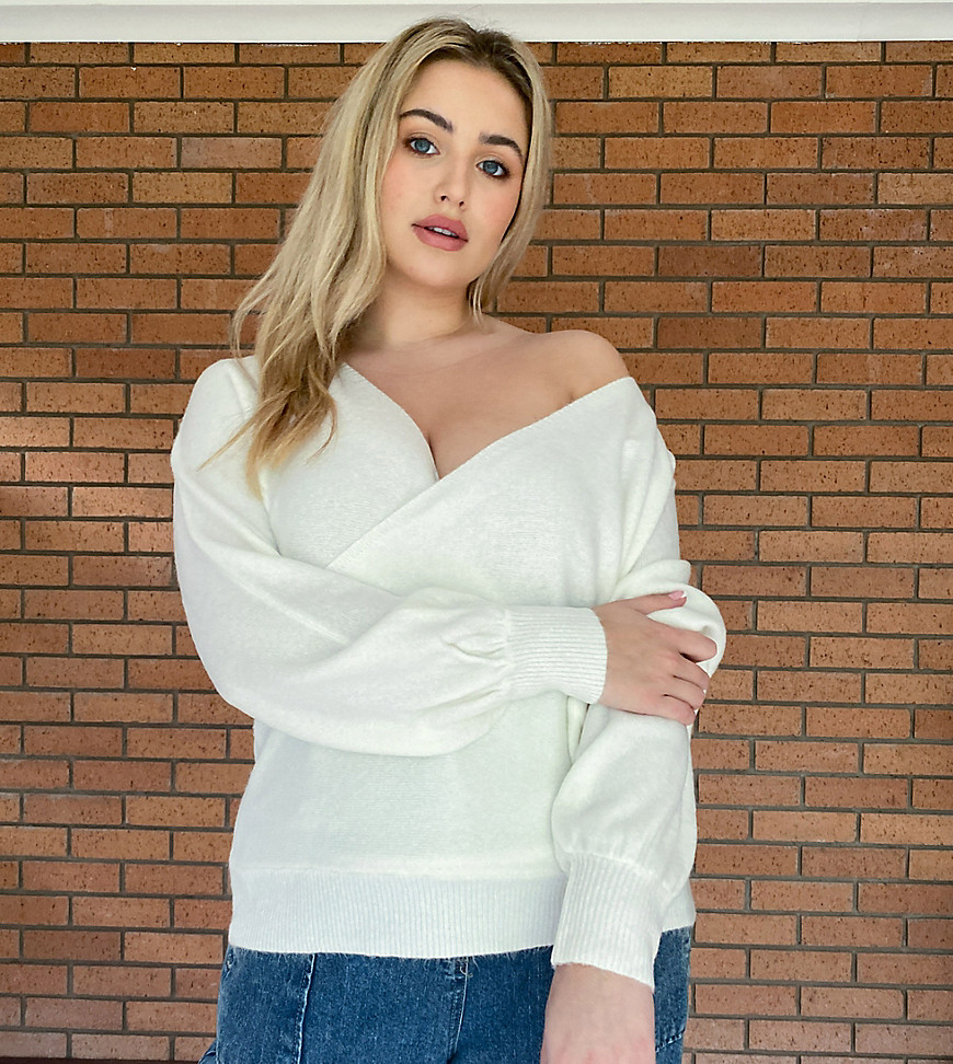 Ever New Curve Knitted wrap off shoulder sweater in ivory-White