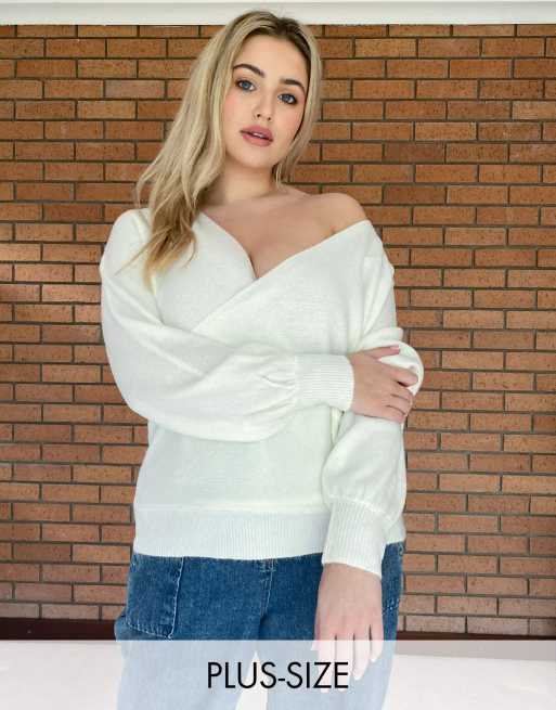 Ever New Curve Knitted wrap off shoulder sweater in ivory ASOS