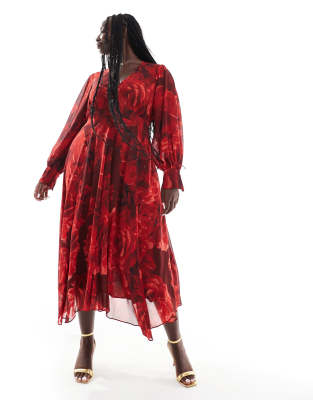 long sleeve maxi dress in red rose floral-Multi