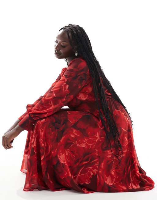 Ever New Curve long sleeve maxi dress in red rose floral, 2 of 4