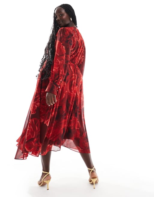 Ever New Curve long sleeve maxi dress in red rose floral, 3 of 4