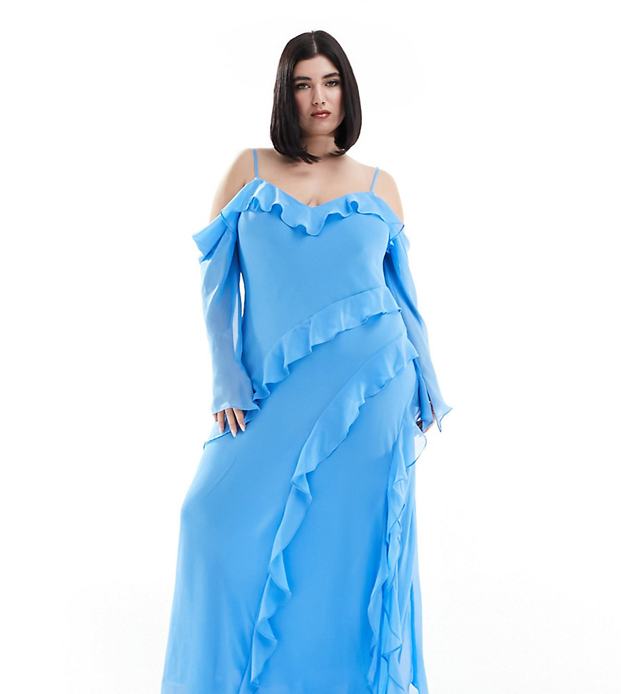 long sleeve ruffle maxi dress in blue