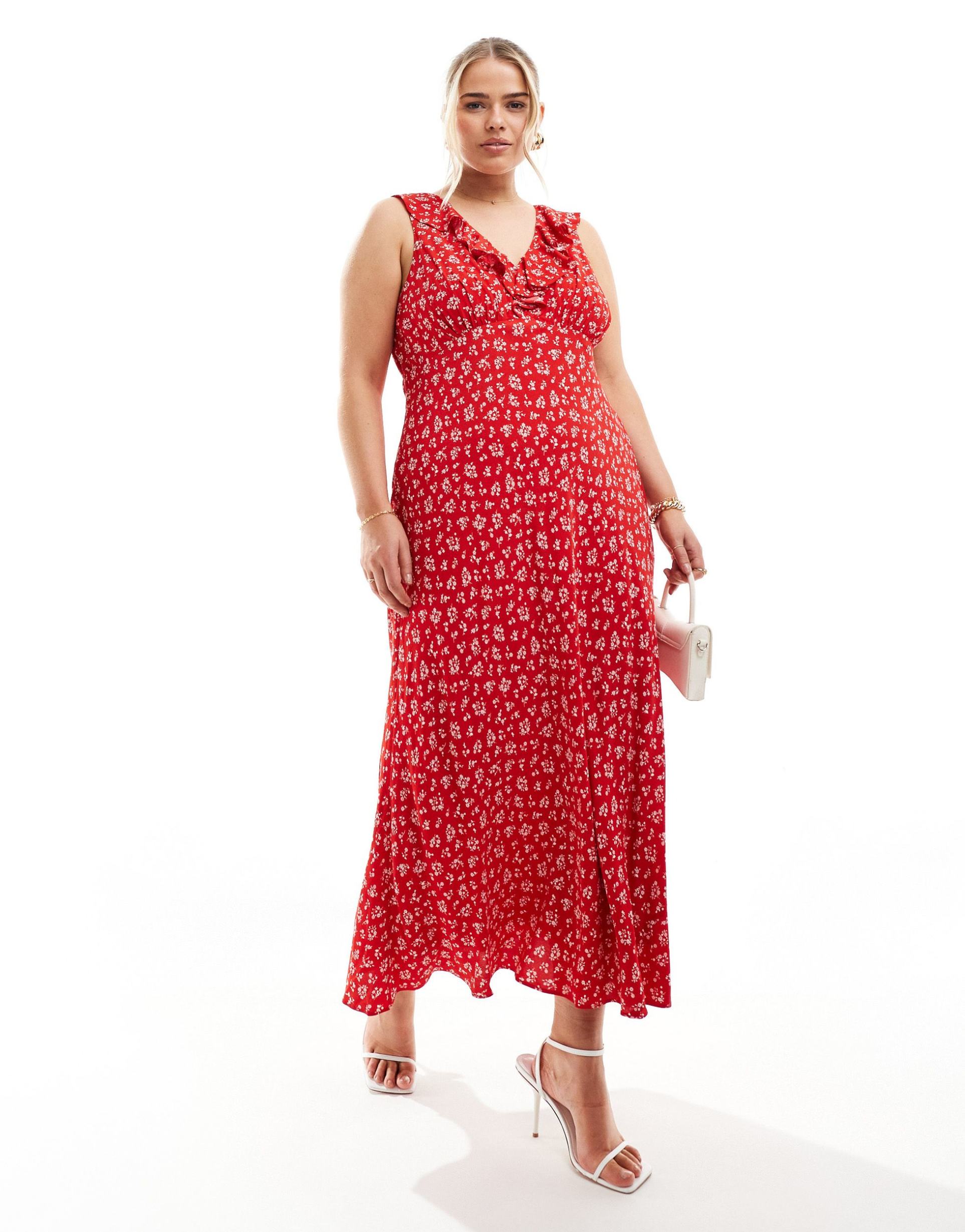 ever new curve midi dress in red ditsy floral