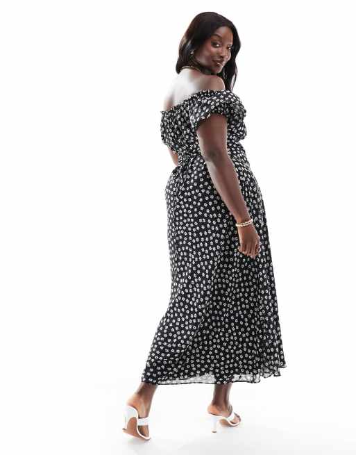 Ever New Curve off the shoulder midaxi dress in black delicate floral, 3 of 4