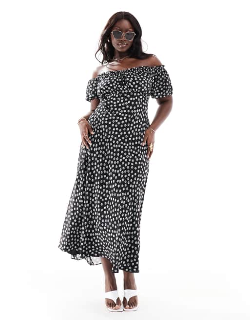 Ever New Curve off the shoulder midaxi dress in black delicate floral, 4 of 4