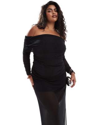 off the shoulder ruched maxi dress in black