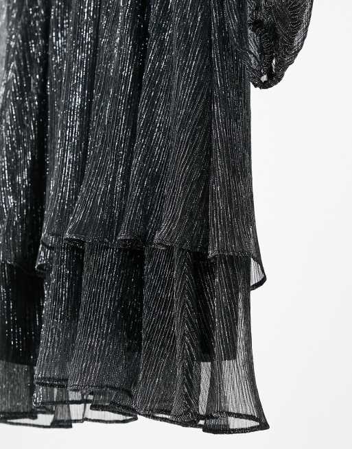 Ever New Curve plisse mini dress with double frill in charcoal glitter |  ASOS