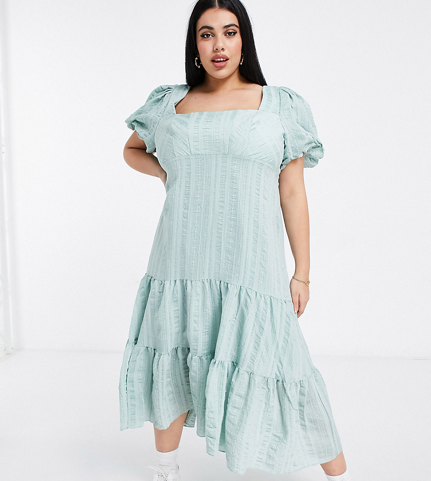 Ever New Curve puff sleeve square neck midaxi dress with bow back in soft mint-Green