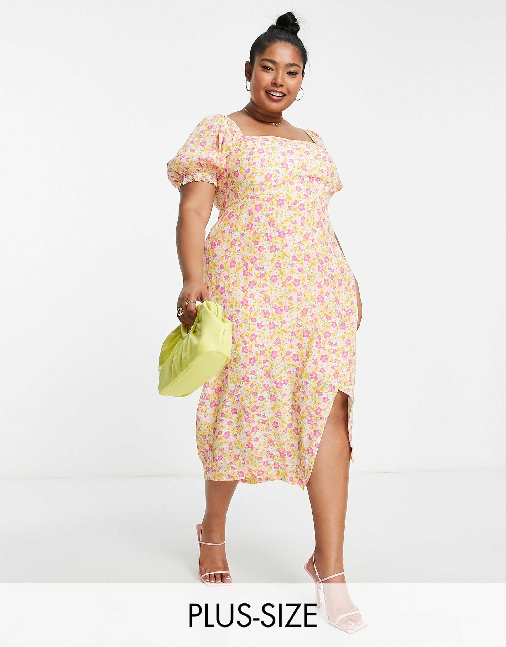 ever new curve puff sleeve square neck midi dress in buttercup floral