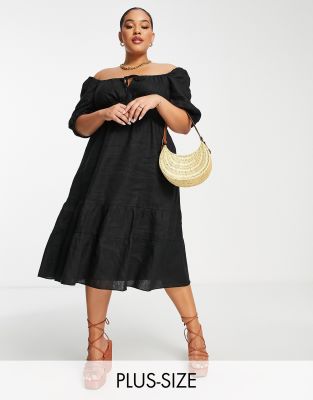Forever New Curve Ever New Curve puff sleeve tiered midi dress in black
