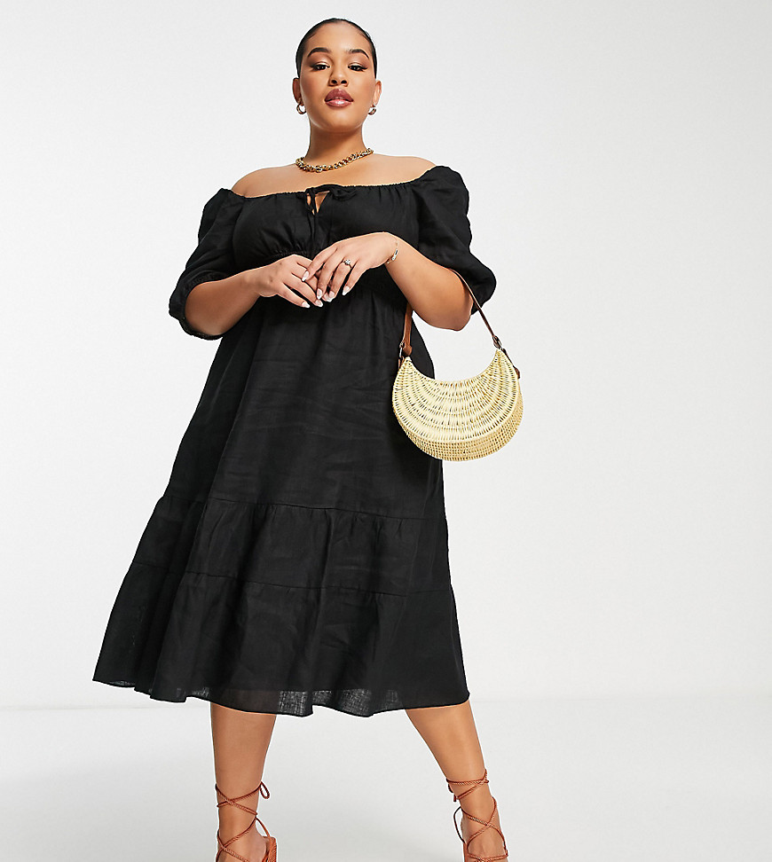 Forever New Curve Ever New Curve Puff Sleeve Tiered Midi Dress In Black In Red