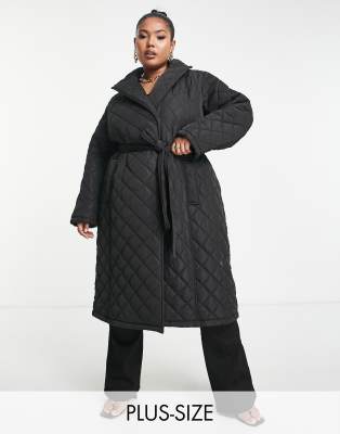 Forever New Curve Ever New Curve Quilted Wrap Longline Coat In Black