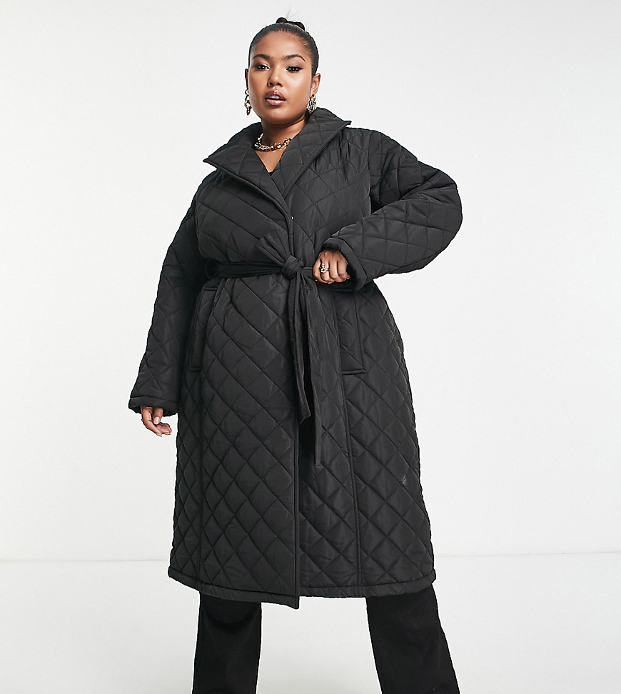 Forever New Curve Ever New Curve Quilted Wrap Longline Coat In Black