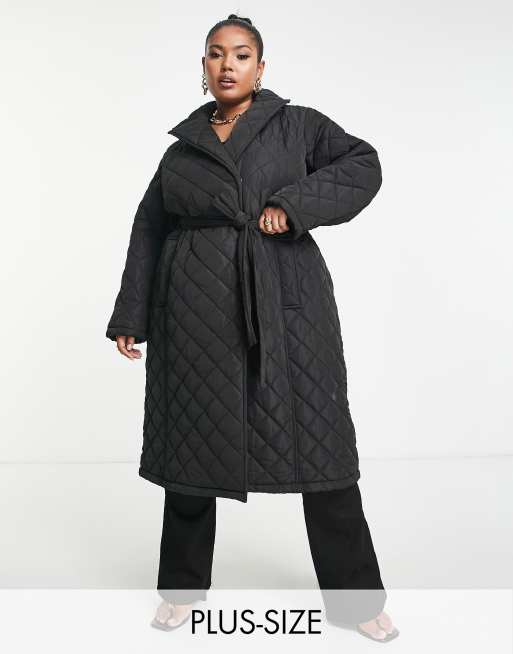 Plus Size Black Quilted Shawl Collar Coat