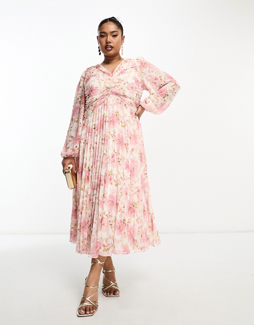 Ever New Curve Tiered Sleeve Button Midaxi Dress In Rose Floral-pink