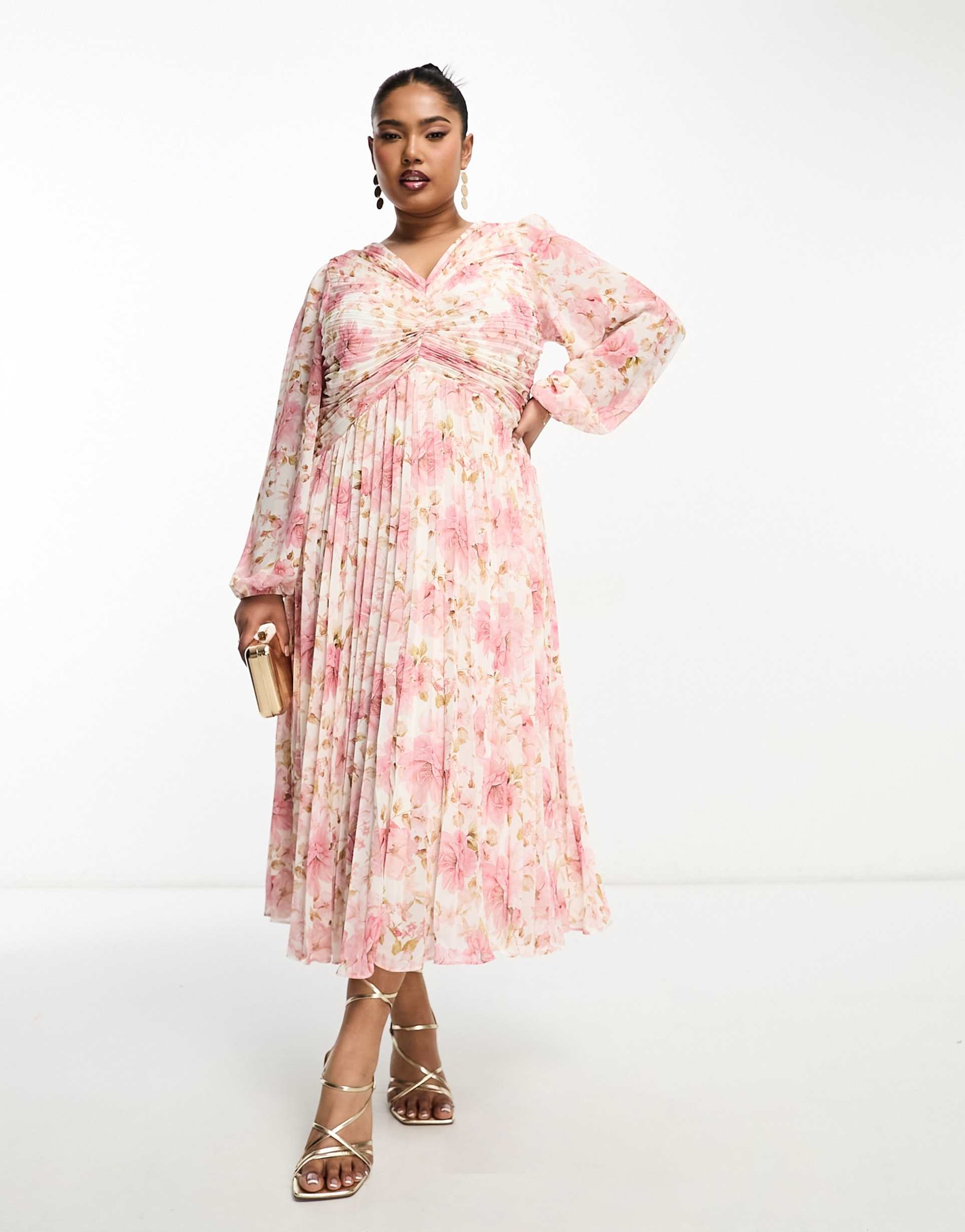 ever new curve ruched pleated midaxi dress in pink floral