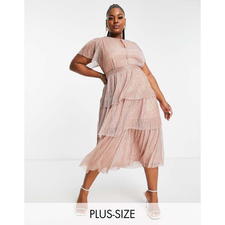 Ever New Curve ruched waist tiered glitter midi dress in