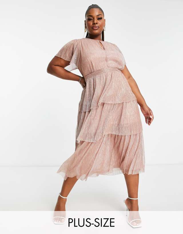 Ever New Curve ruched waist tiered glitter midi dress in rose gold