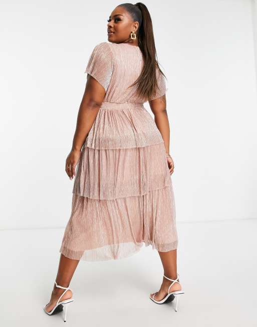 Ever New Curve ruched waist tiered glitter midi dress in rose gold | ASOS